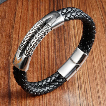 Genuine Leather Double Wrap Steel Bracelet